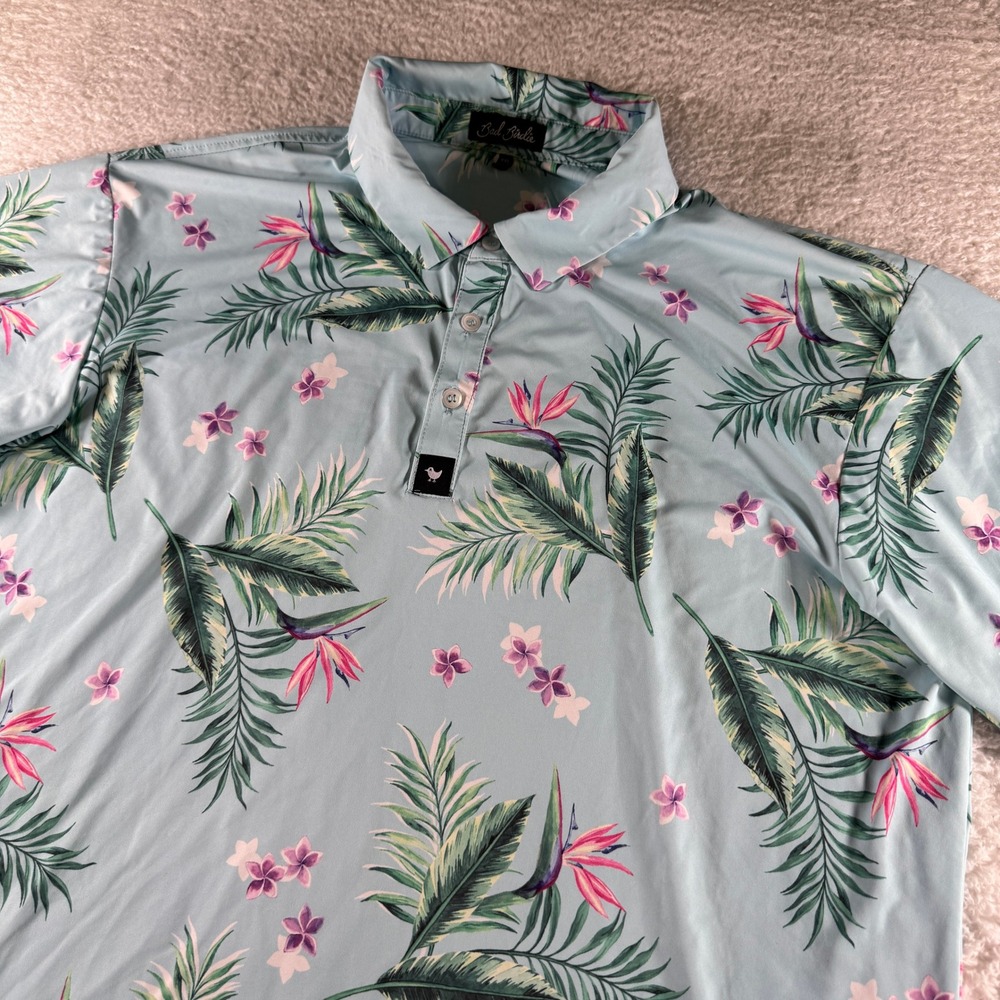 Bad Birdie Golf Polo Shirt Stretch AOP XXL Blue‎ Floral 2XL Clean Short Sleeve